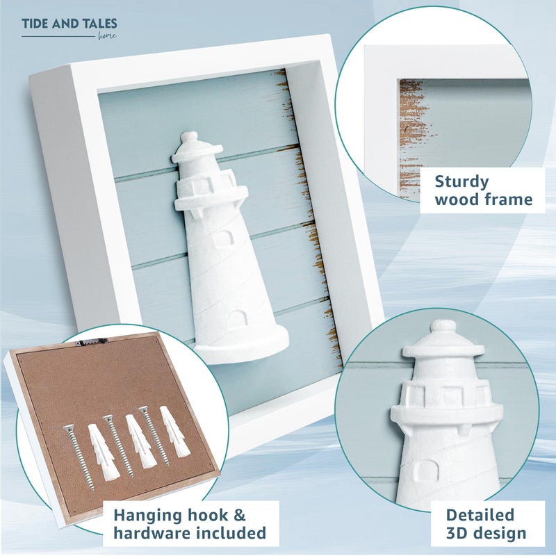 Tide and Tales TideAndTales 3D Nautical Wall Decor (7"x7"), Coastal Theme Home Decorations with Anchor, Lighthouse and Ship Wheel, Rustic Ocean Inspired Bathroom Decor - Nautical Gifts - Framed Set of 3 - Image 4